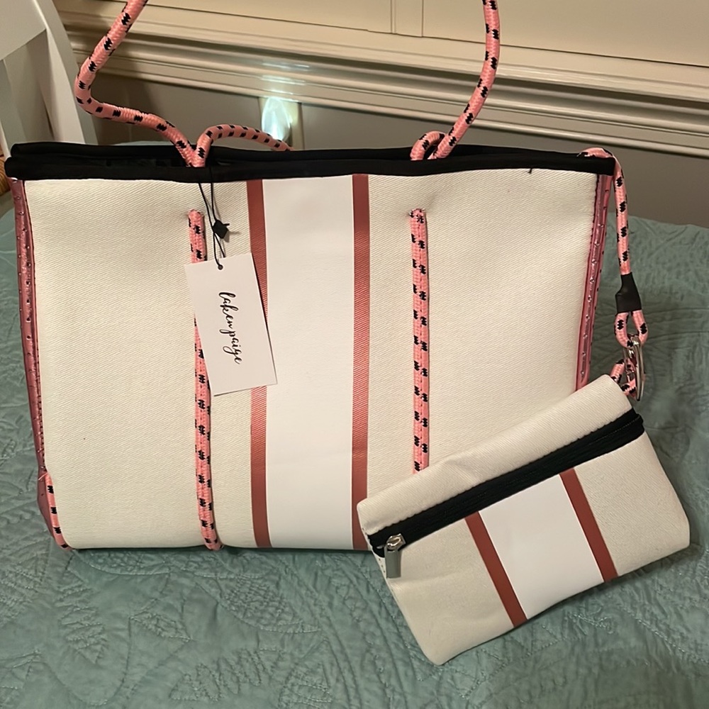 New Laken Paige Large Canvas/Neoprene Tote in Pink, White and Black